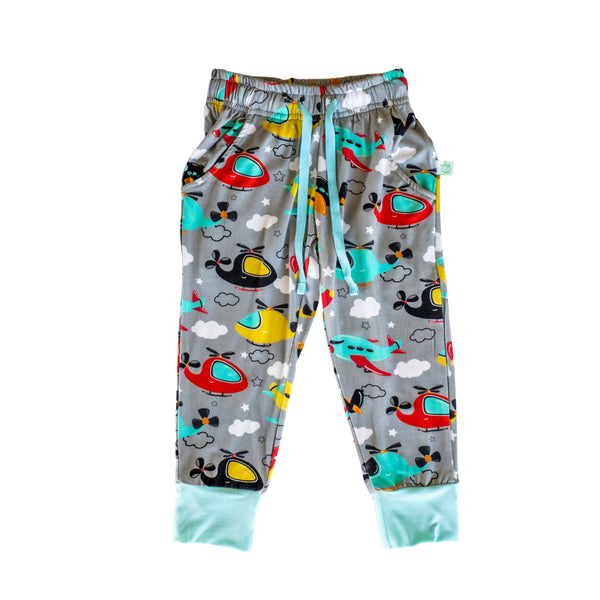 bamboo kids joggers, planes kids joggers, helicopter kids joggers